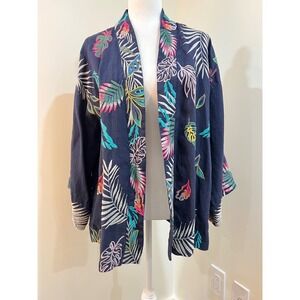 Johnny Was Navy Linen Tropical Pelican Embroidered Kimono